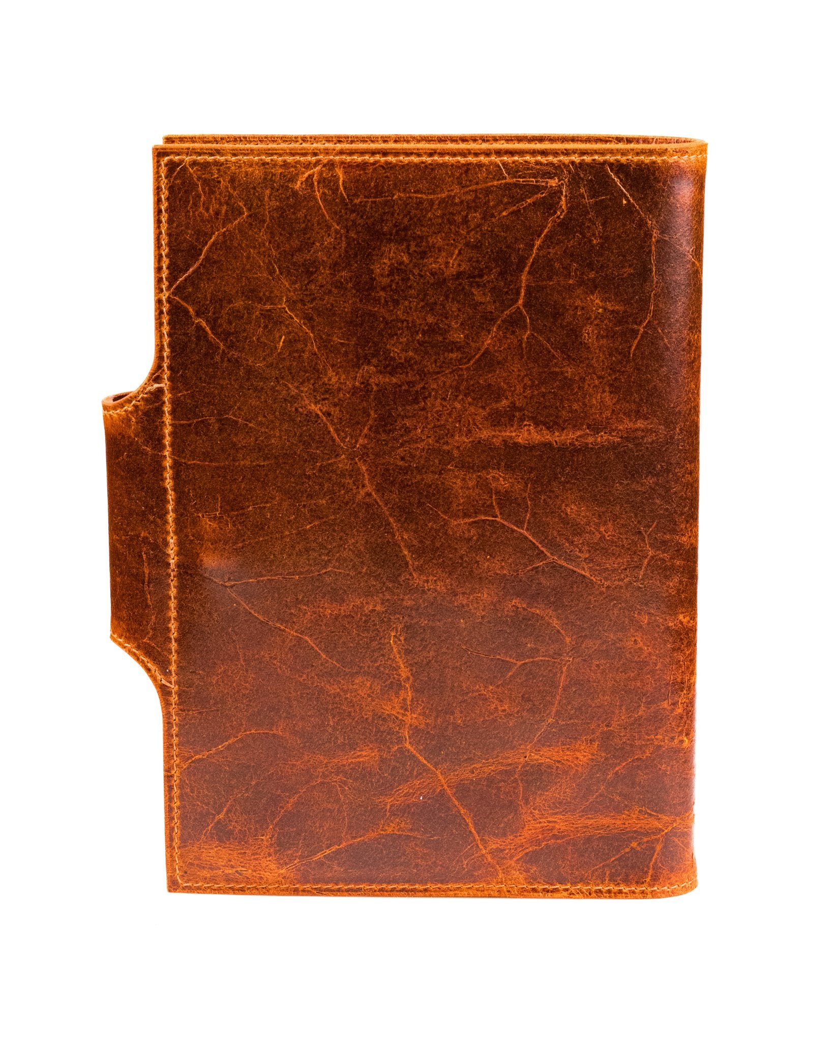 the back of a distressed tan leather a5 notebook cover