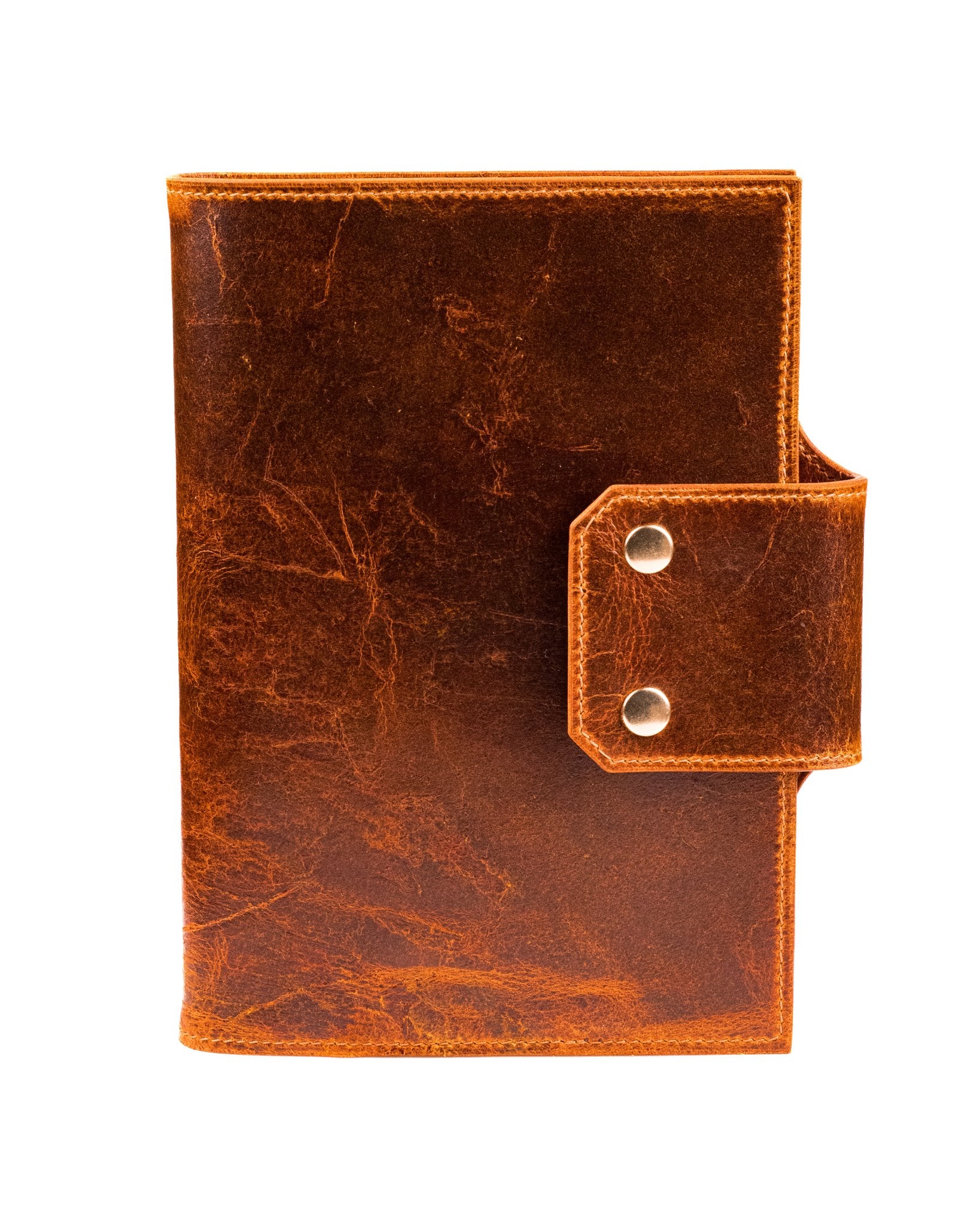 the front of a distressed tan leather a5 journal cover