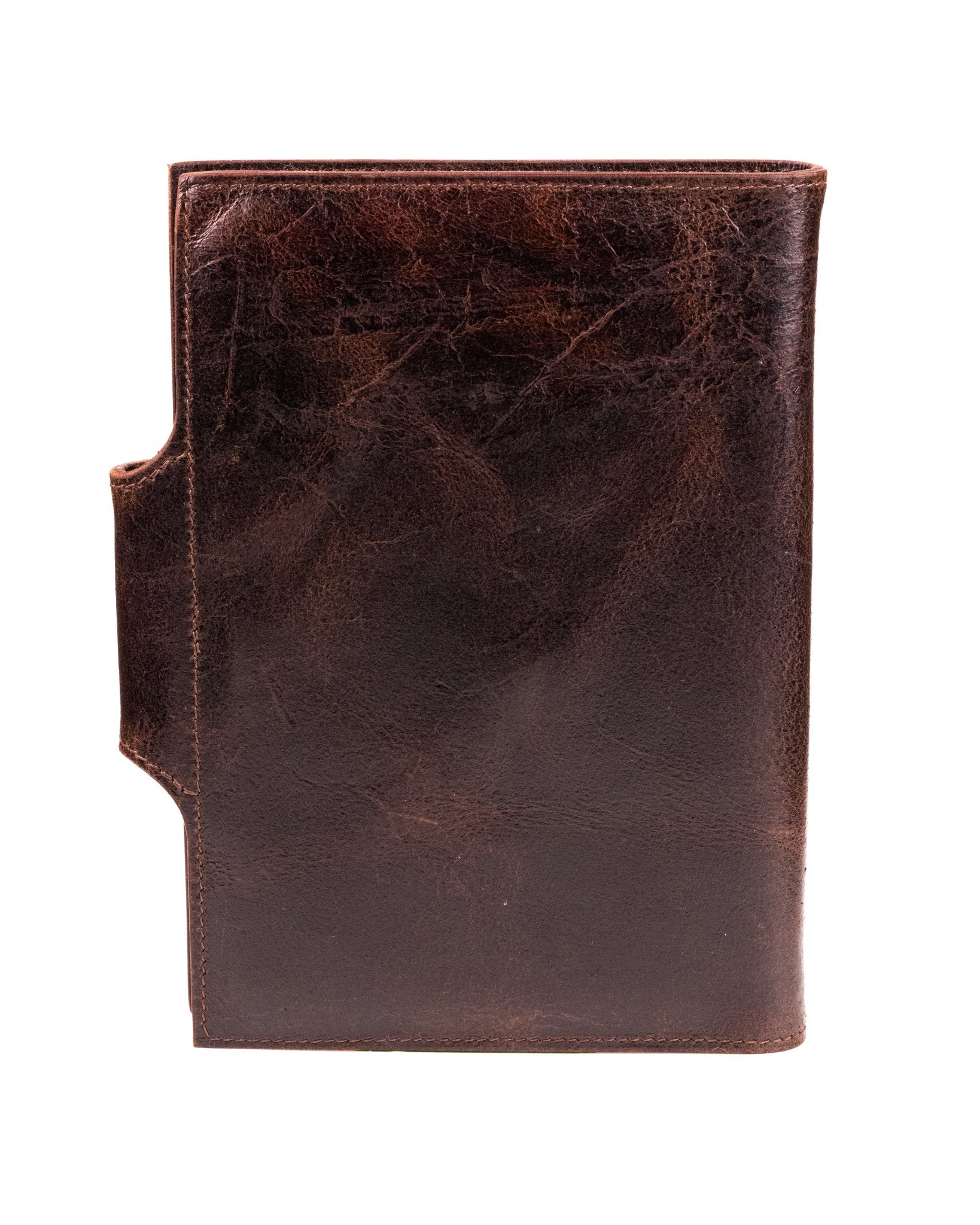 the back of a distressed brown leather a5 notebook cover