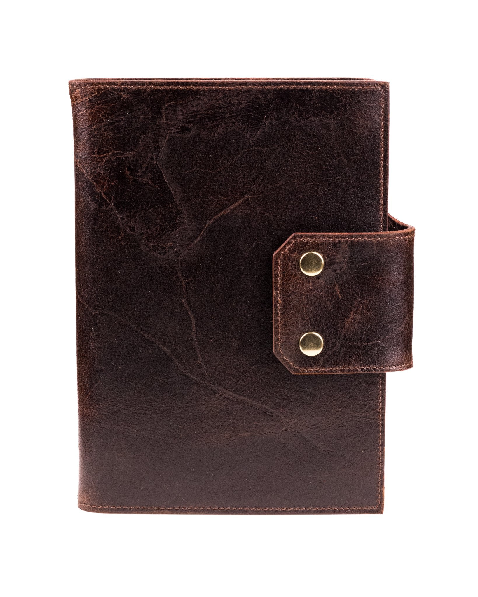 the front of a distressed brown leather a5 notebook cover