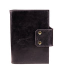 the front of a distressed black leather a5 journal cover