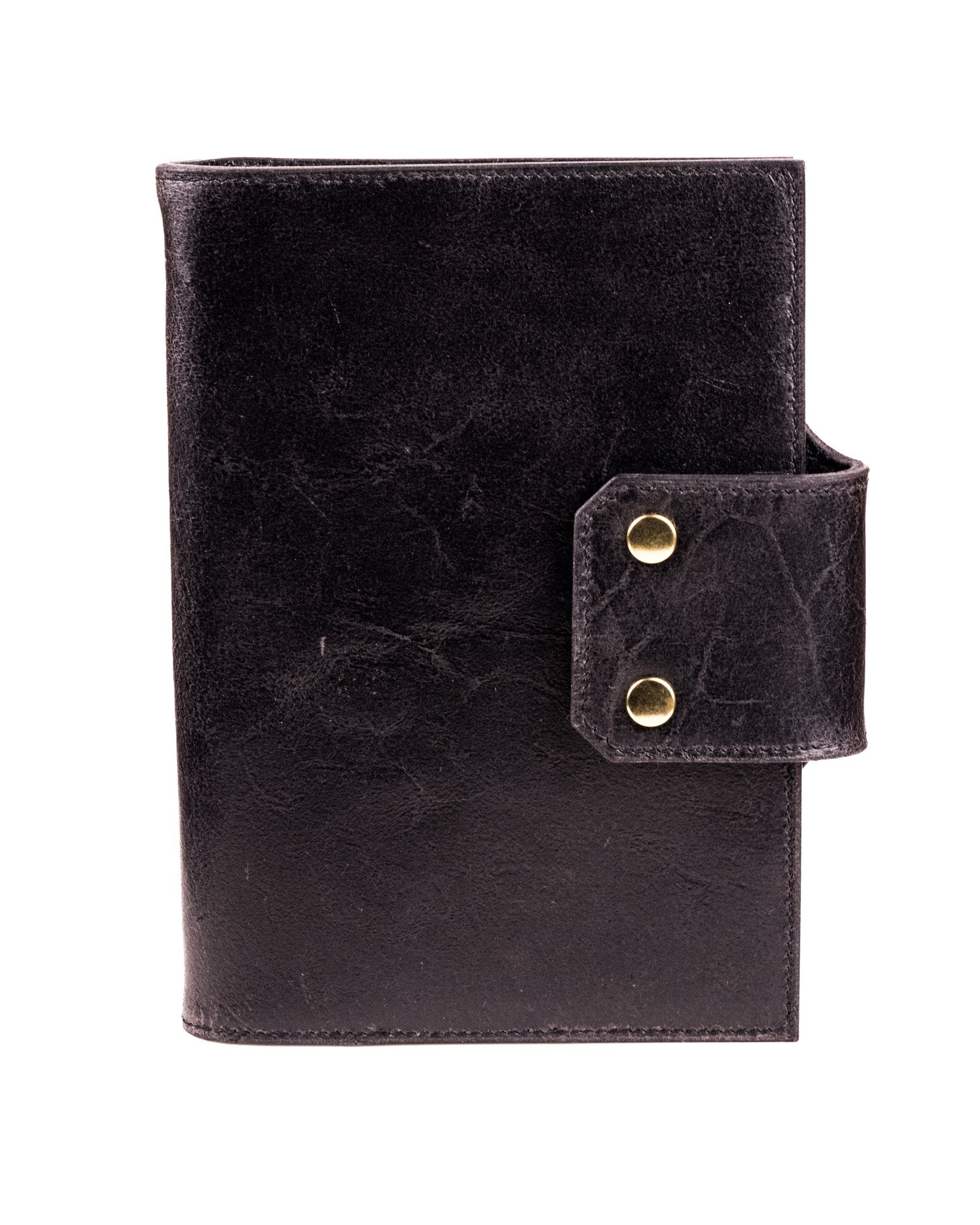 the front of a distressed black leather a5 journal cover