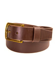 Brown leather belt with a gold buckle on a white background