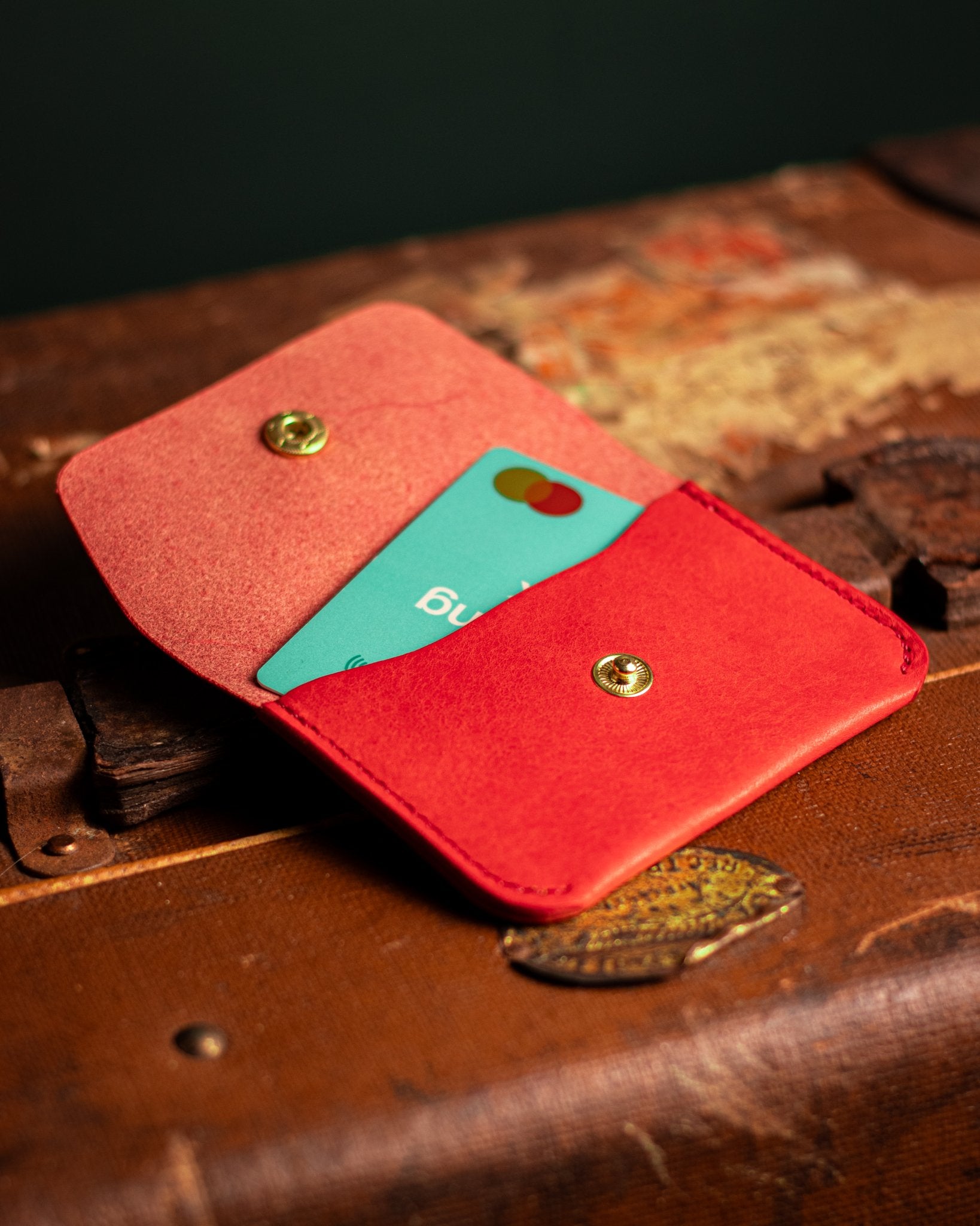 Open Leather Purse With Brass Popper in Italian Red