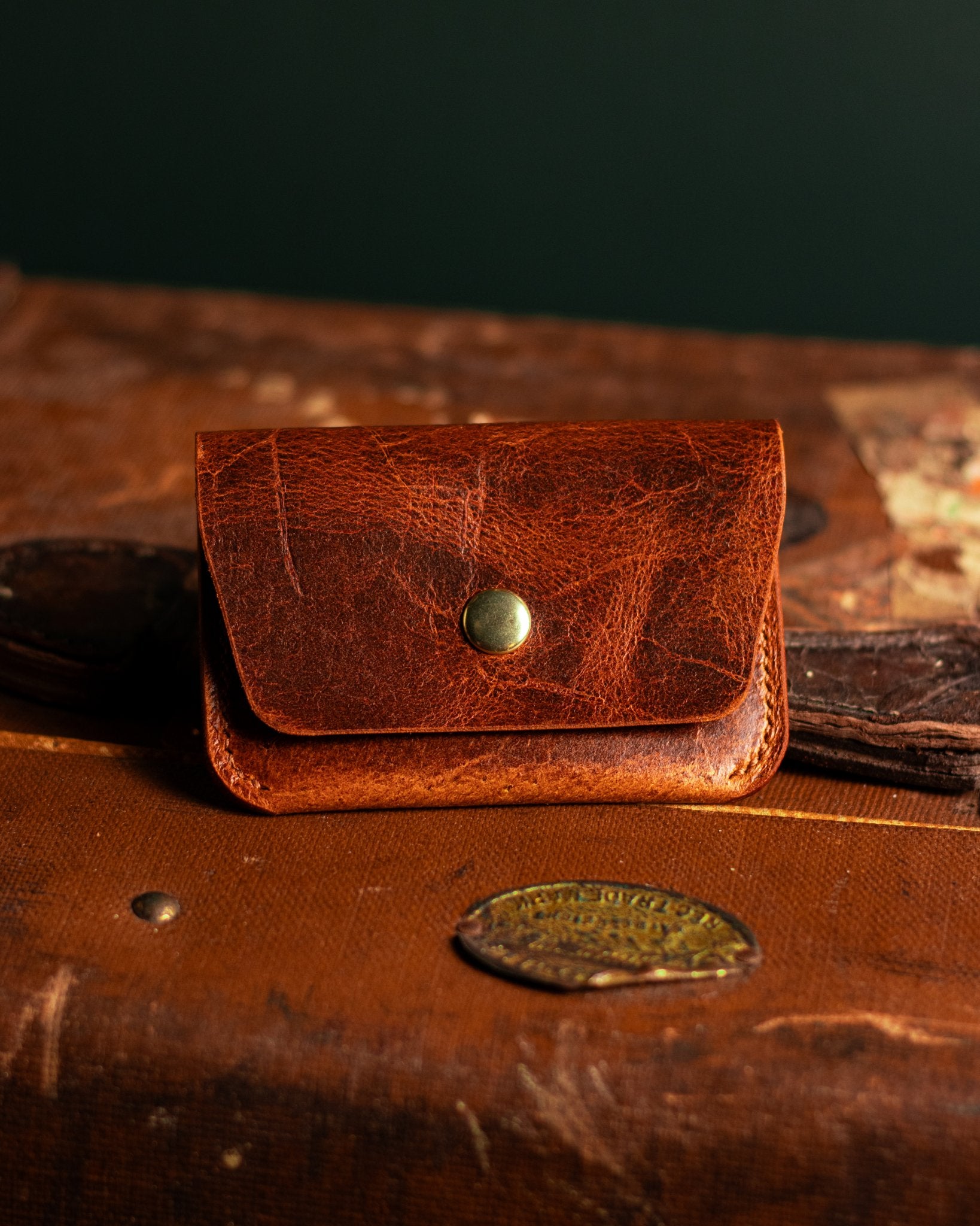 Leather Card Holder in Distressed Tan Leather Lifestyle Photo