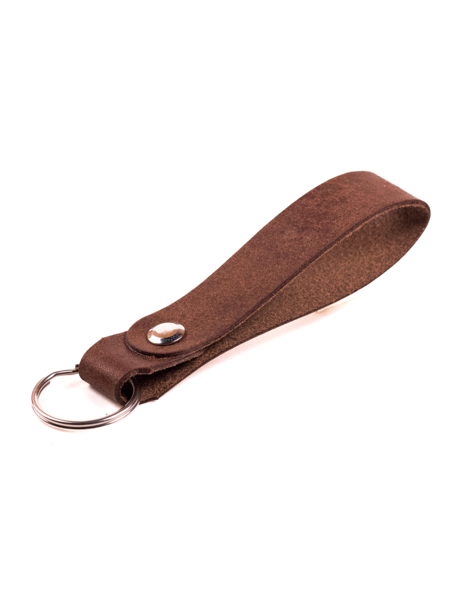 brown italian leather keyring with silver hardware on a white background