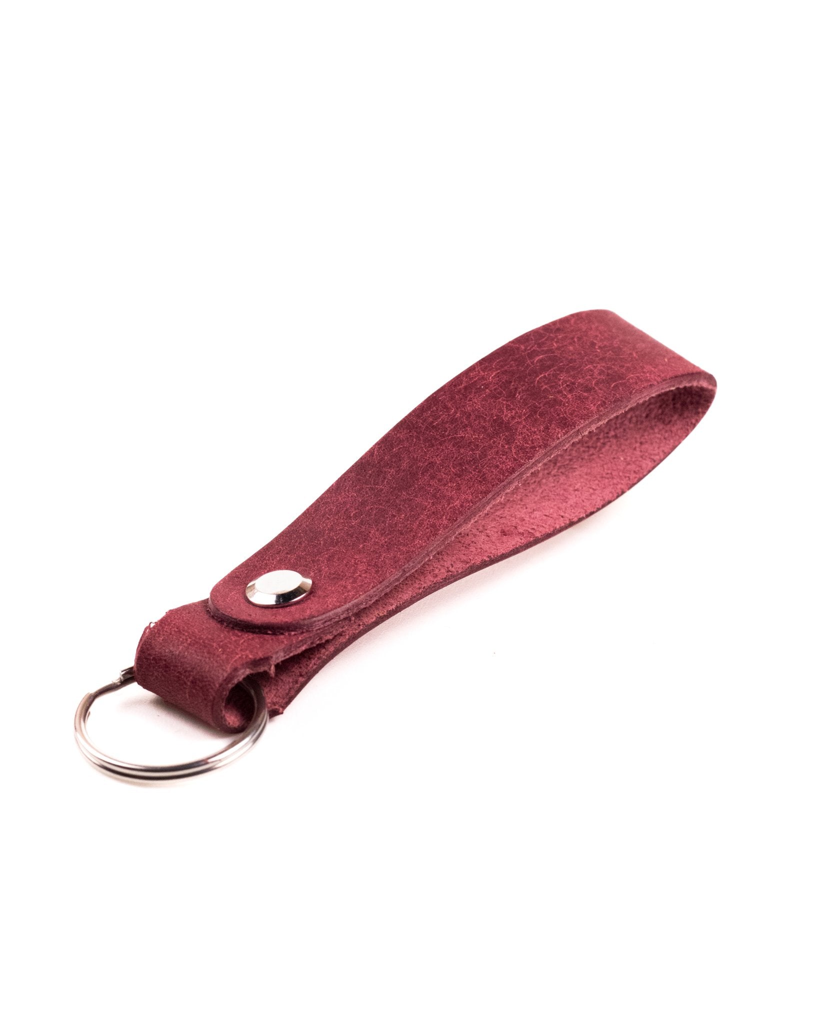 burgundy italian leather keyring with silver hardware on a white background
