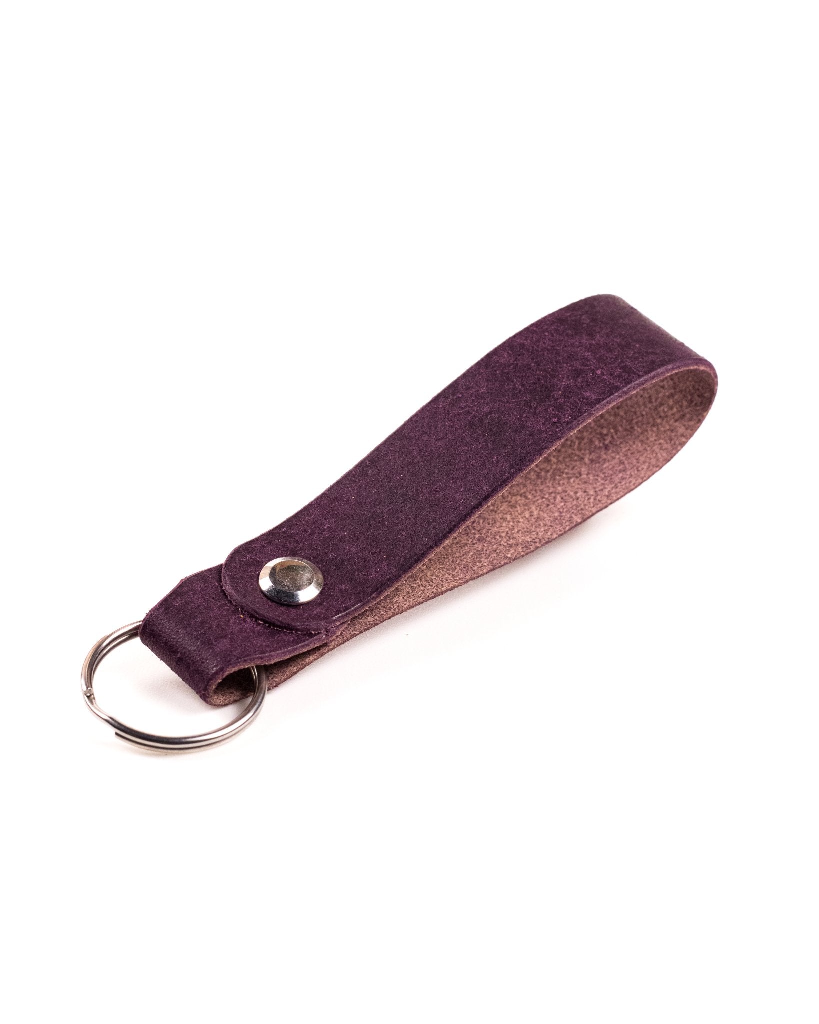 purple italian leather keyring with silver hardware on a white background