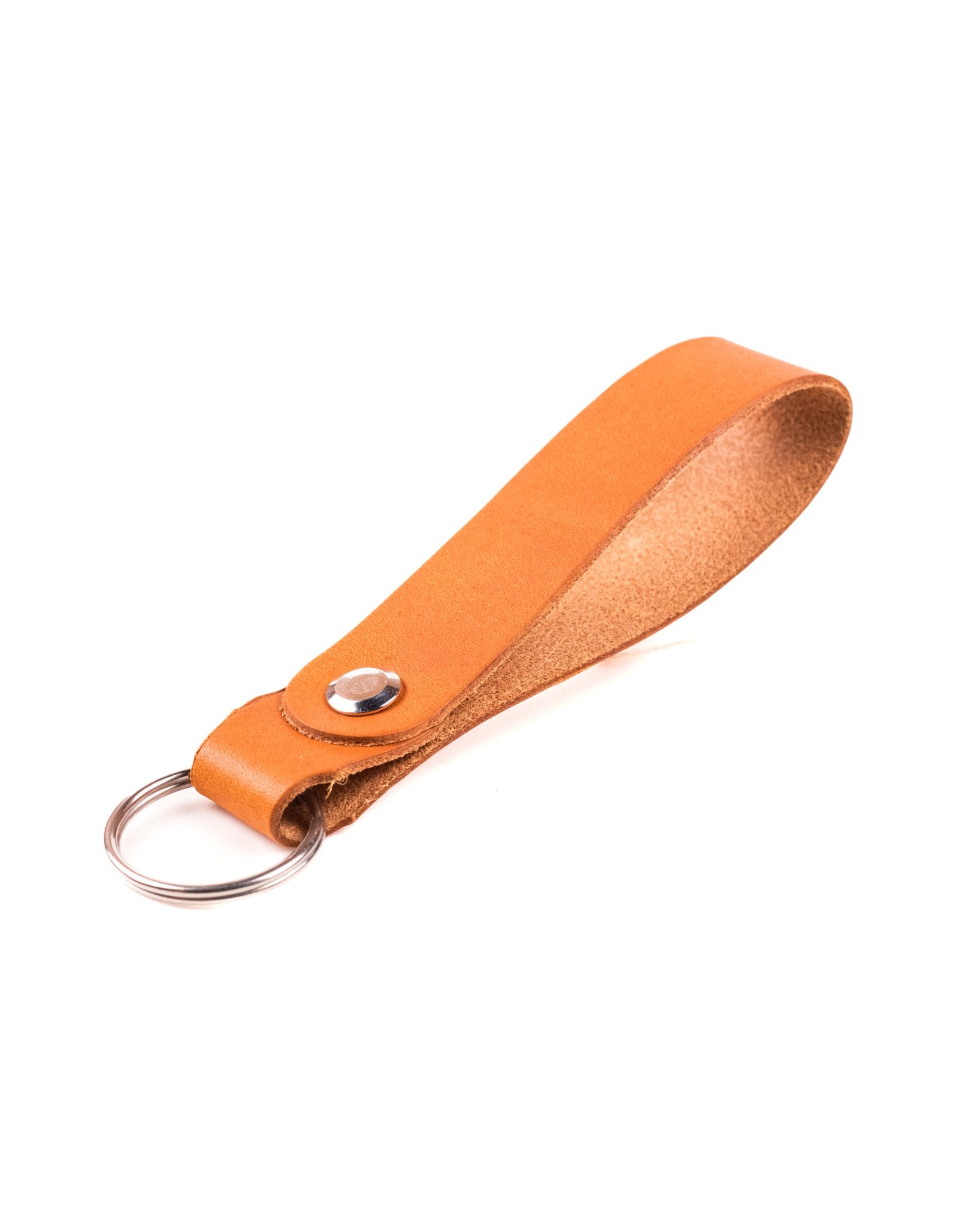 tan italian leather keyring with silver hardware on a white background