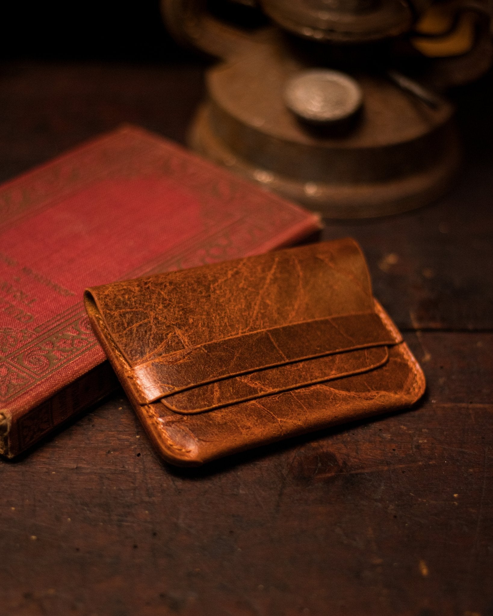 Distressed Tan Leather Cardholder With Strap