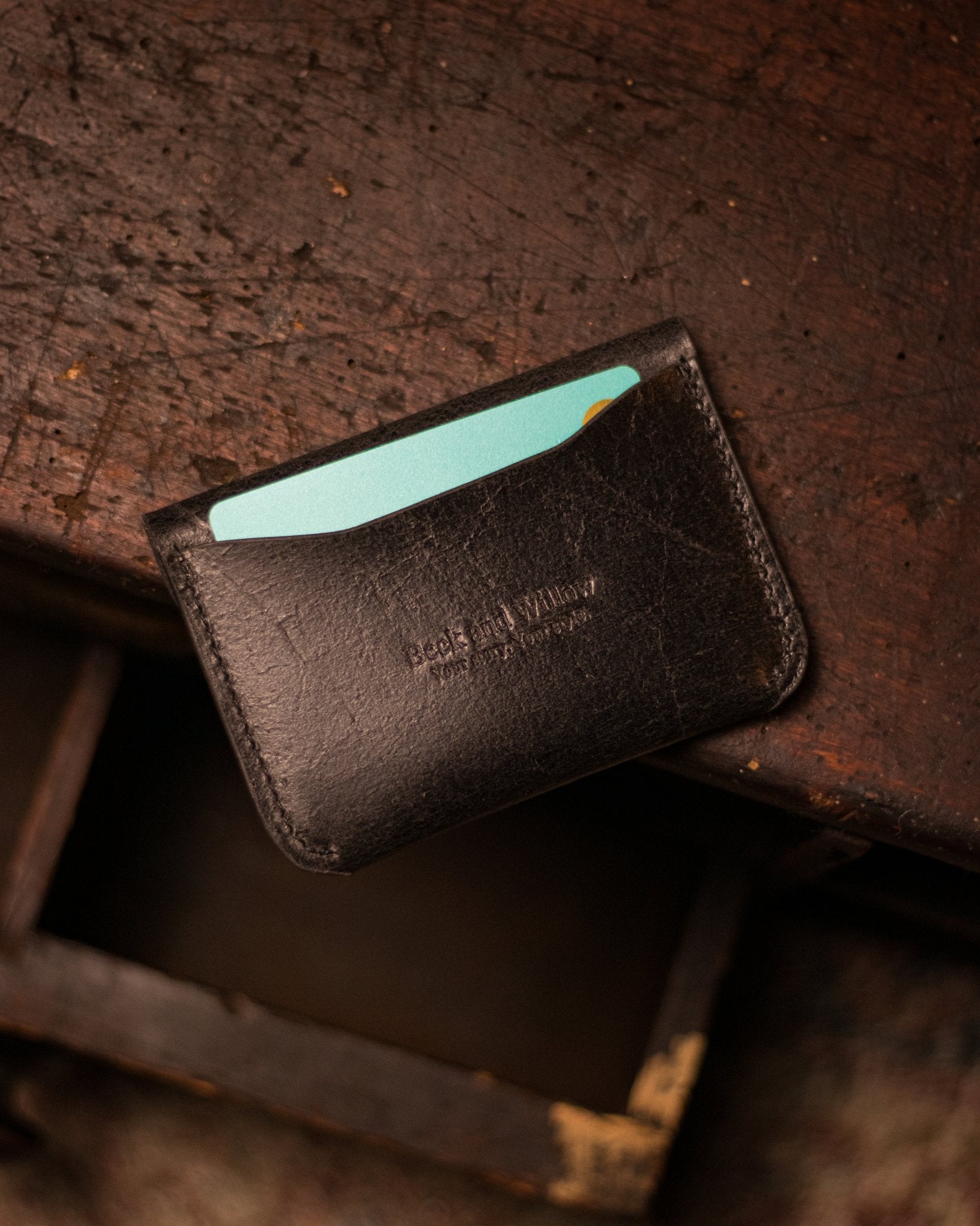 Distressed Black Leather Cardholder Wallet With Bank Card