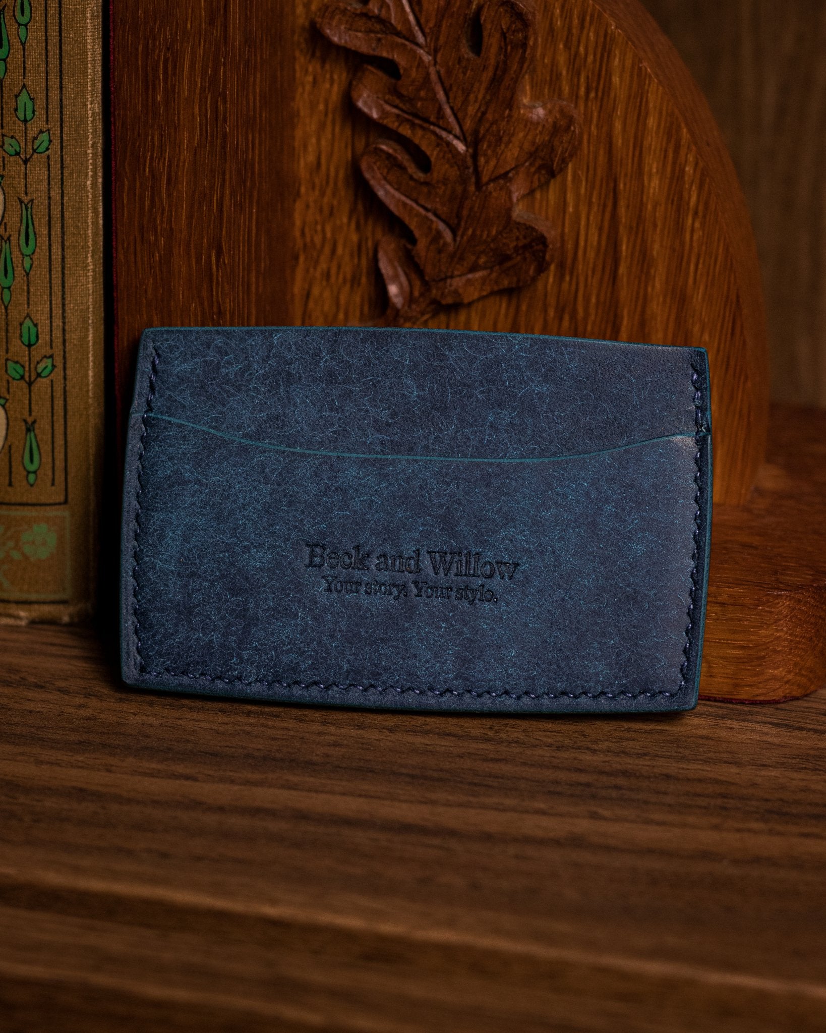Italian Blue Leather Card Holder Lifestyle Shot