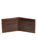 open distressed brown leather wallet on a white background