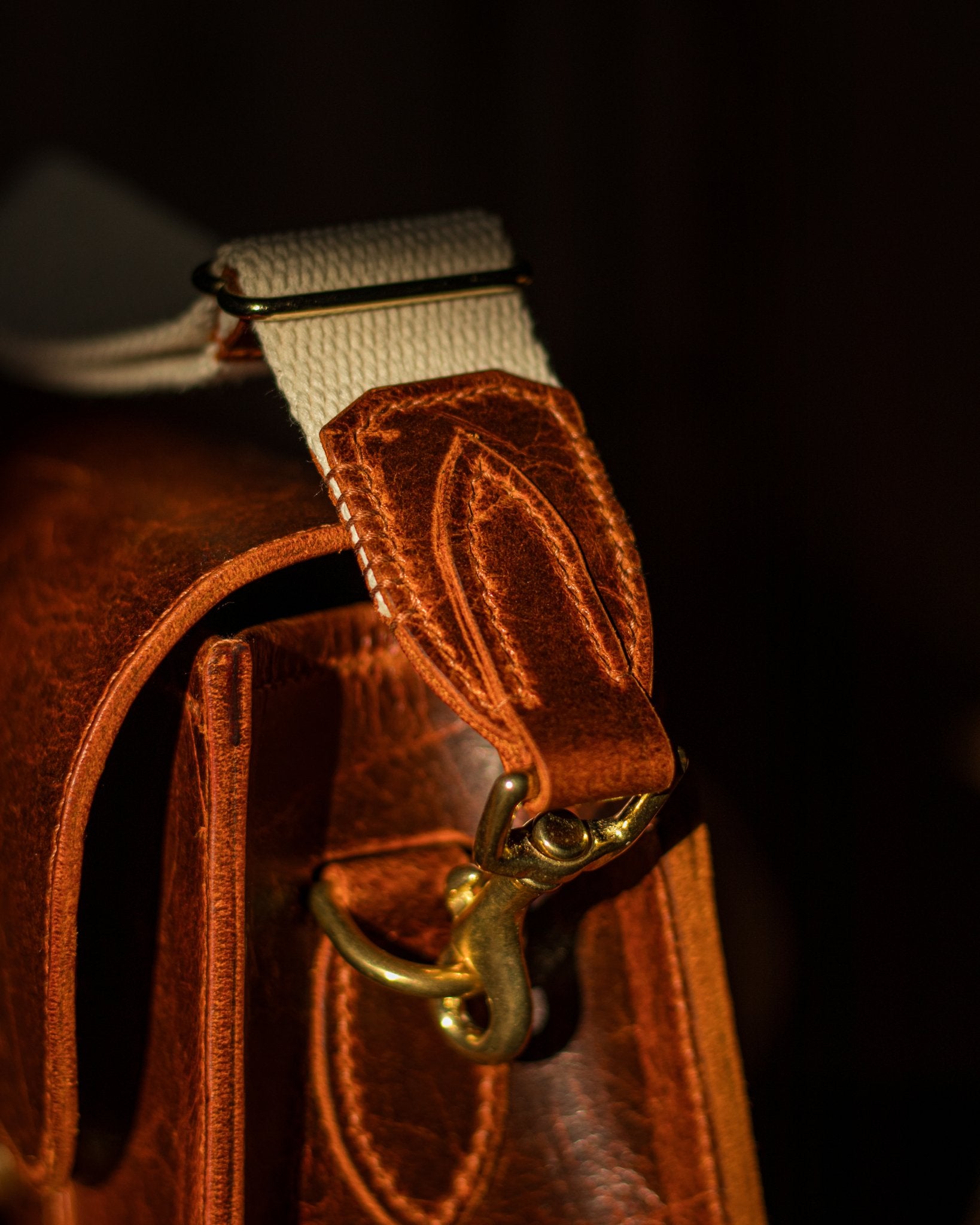 close up shot of the cotton, leather and brass strap