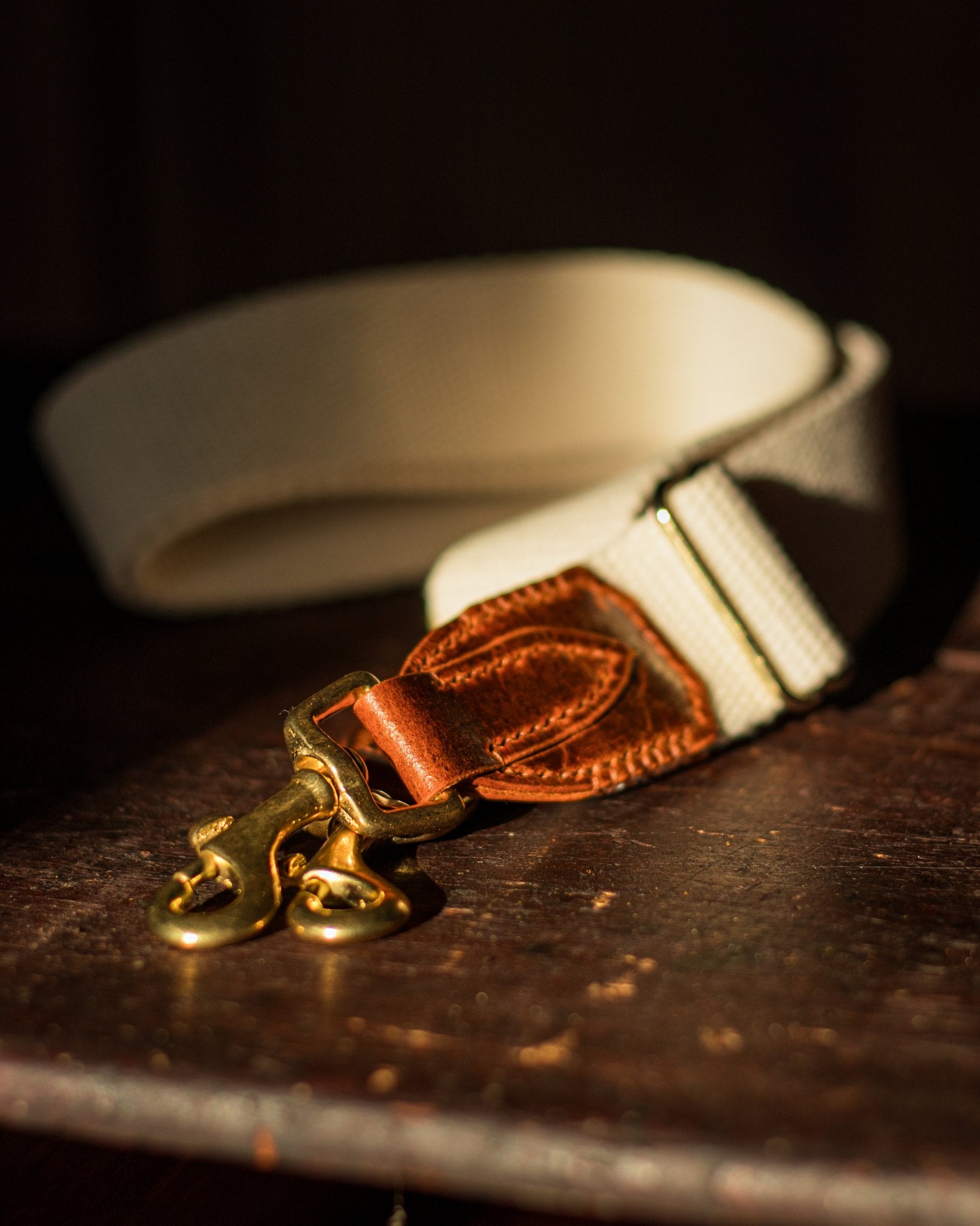 flat picture of brass claps on a leather and cotton bag strap