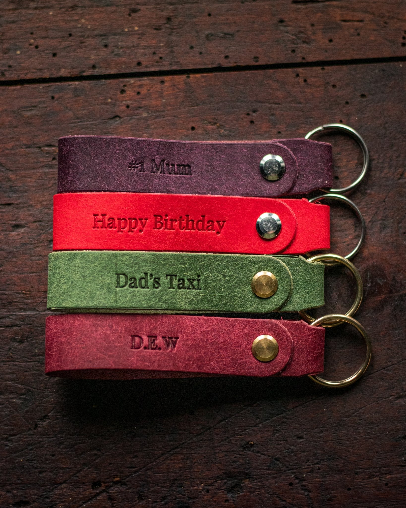 Showcase of personalisation options available for our personalised leather key rings