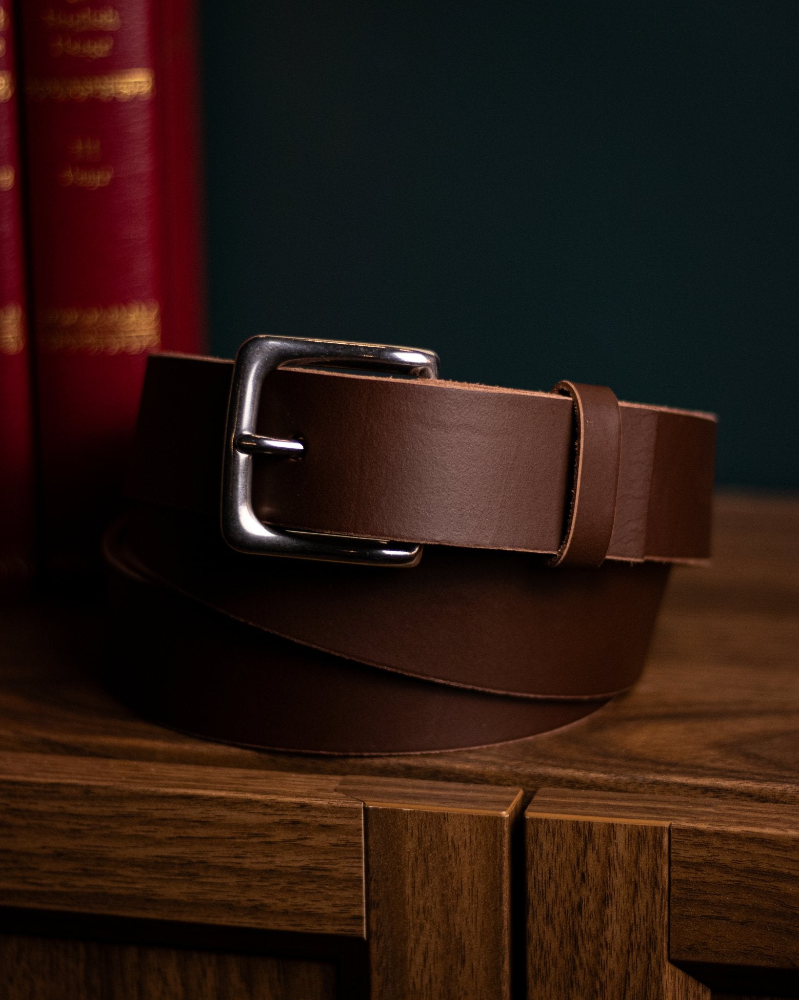 Brown handmade leather belt with modern steel buckle