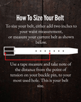 Instructions on how to size a belt with text and a diagram on a dark background