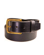 Black leather belt with a gold buckle on a white background