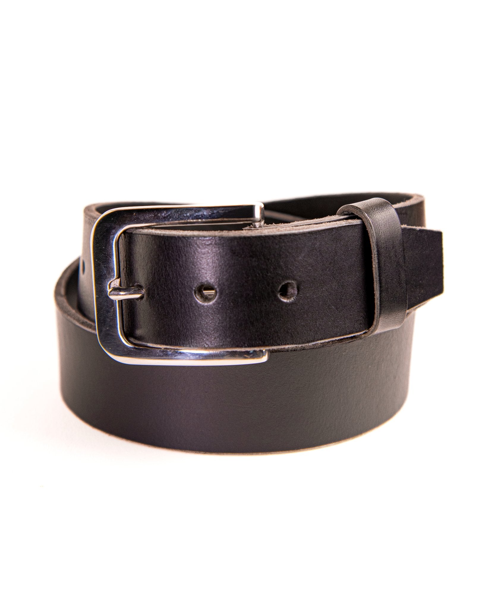 Black leather belt with silver buckle on a white background