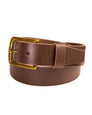 Brown leather belt with a gold buckle on a white background