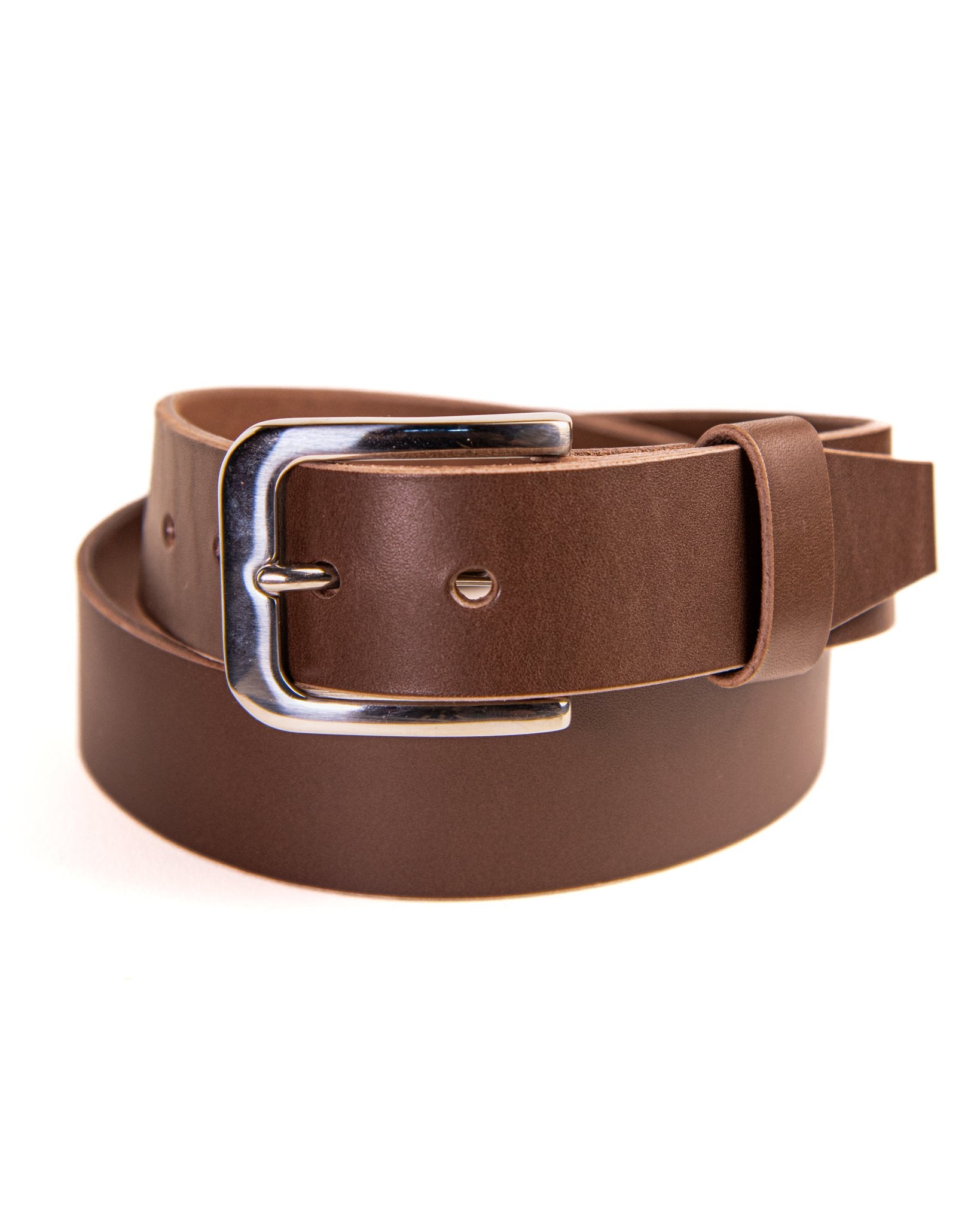 Brown leather belt with a silver buckle on a white background