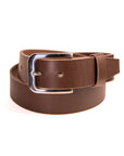 Brown leather belt with a silver buckle on a white background