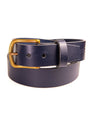 Navy leather belt with a gold buckle on a white background