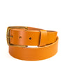 Tan leather belt with a gold buckle on a white background