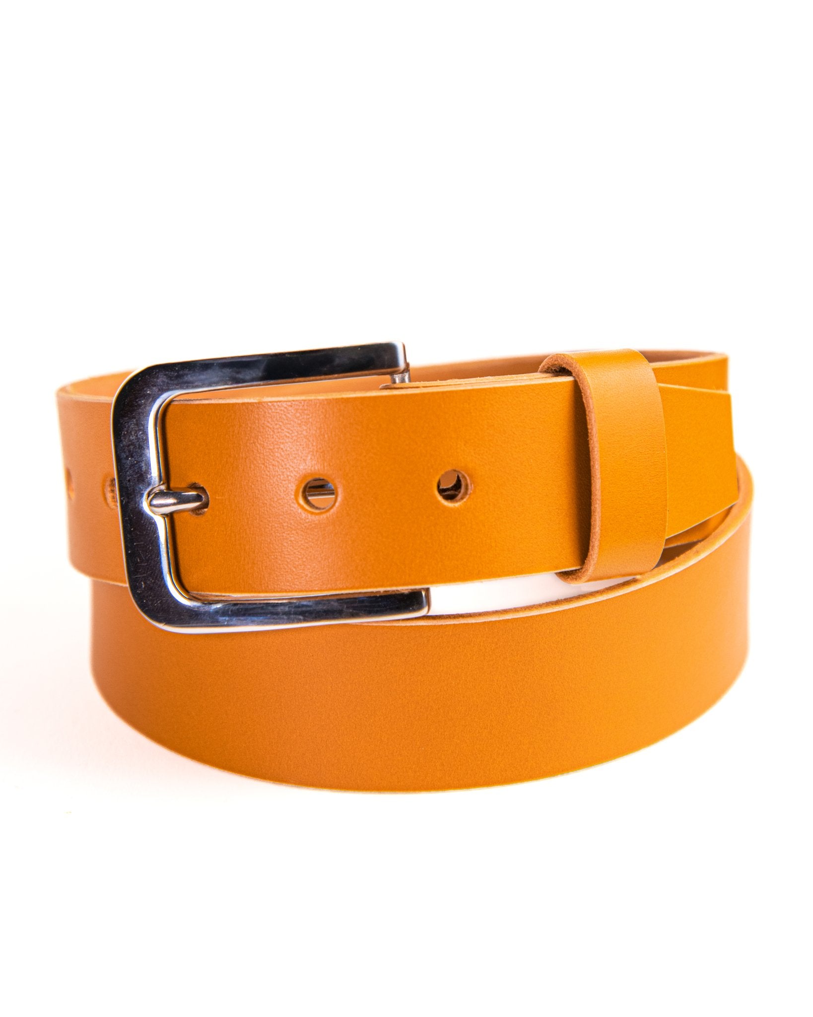 Tan belt with a silver buckle on a white background