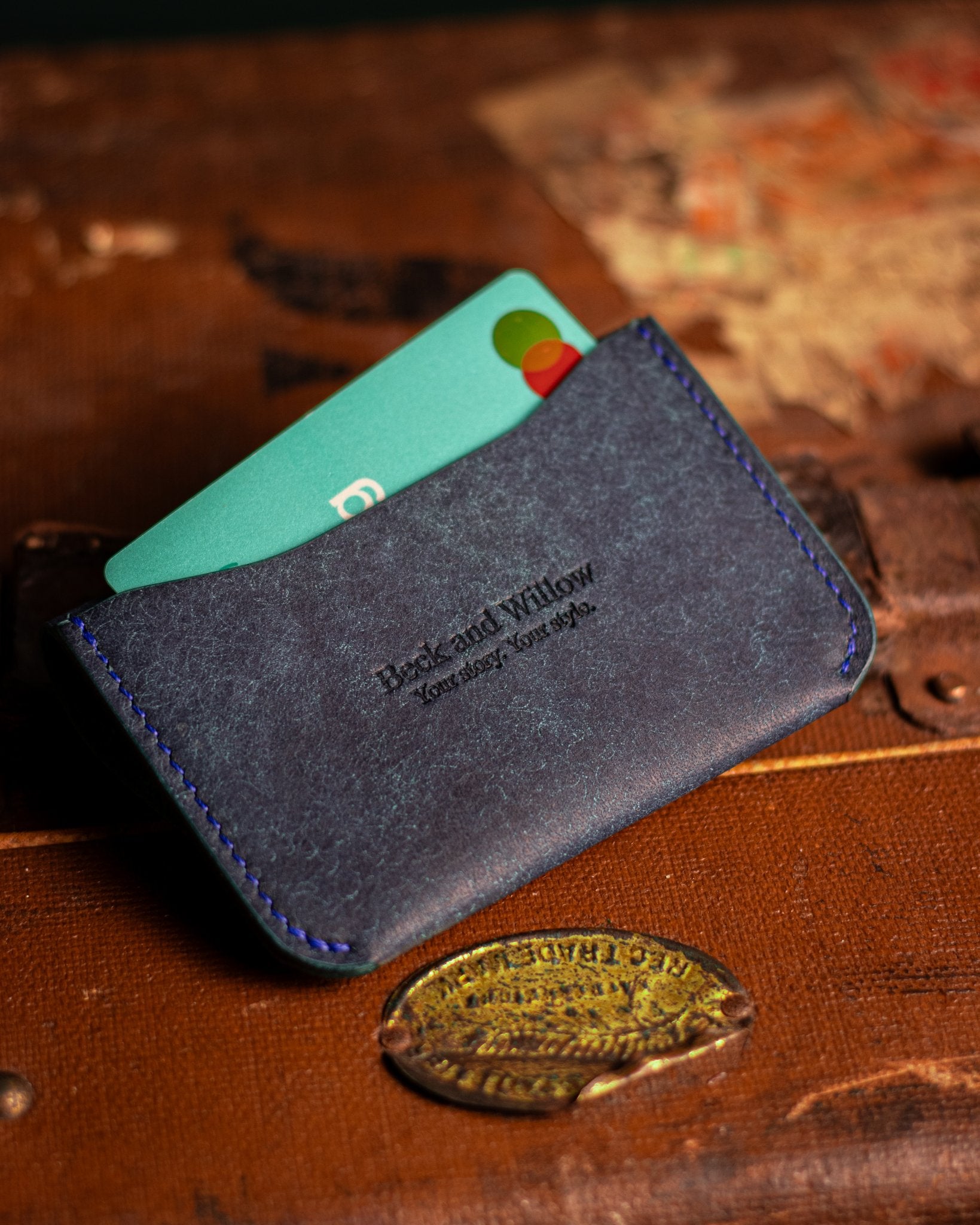 Back Card Pocket on a Leather Wallet in Italian Blue