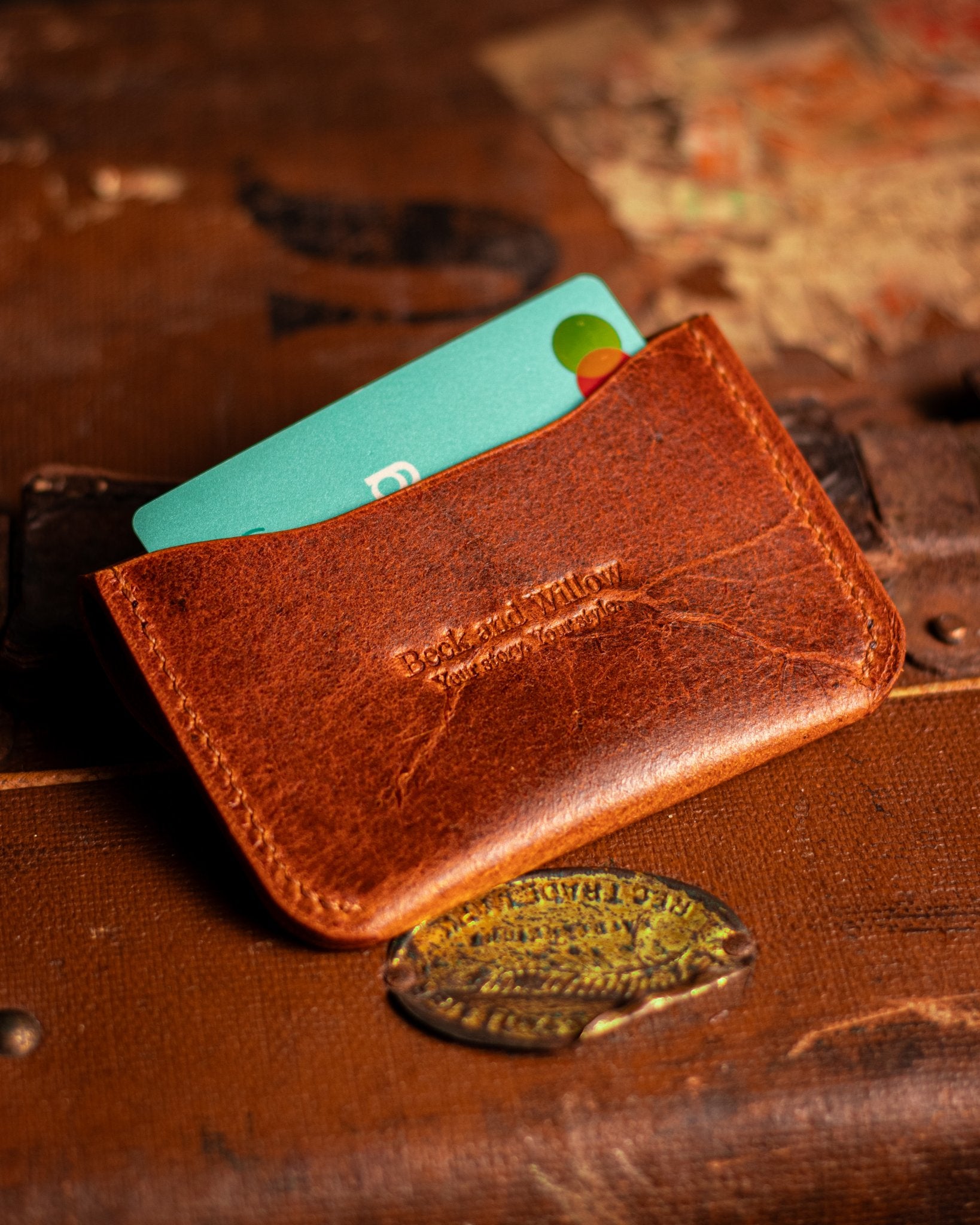 Back Card Pocket on a Leather Wallet in Distressed Tan