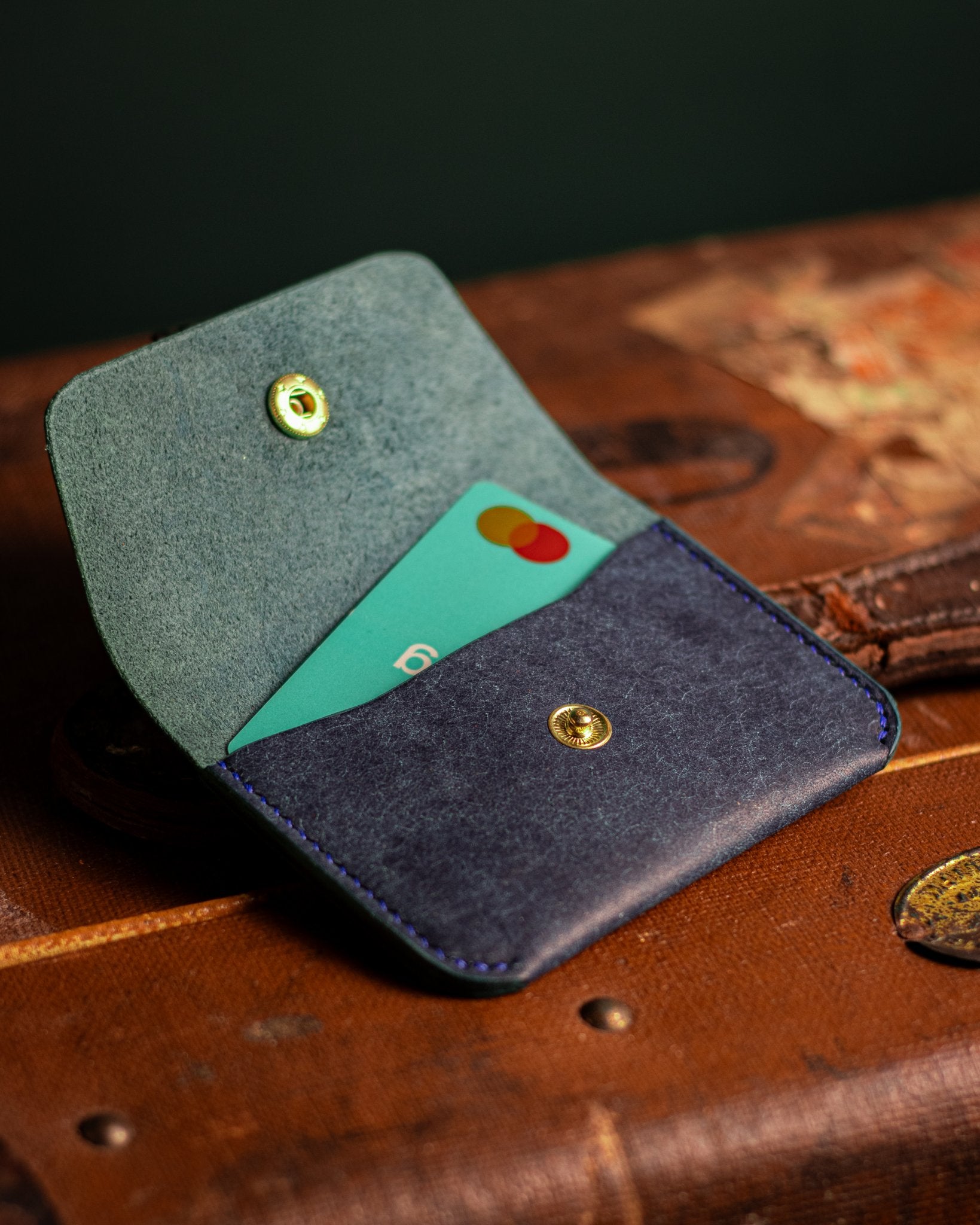 Open Leather Purse With Brass Popper in Italian Blue