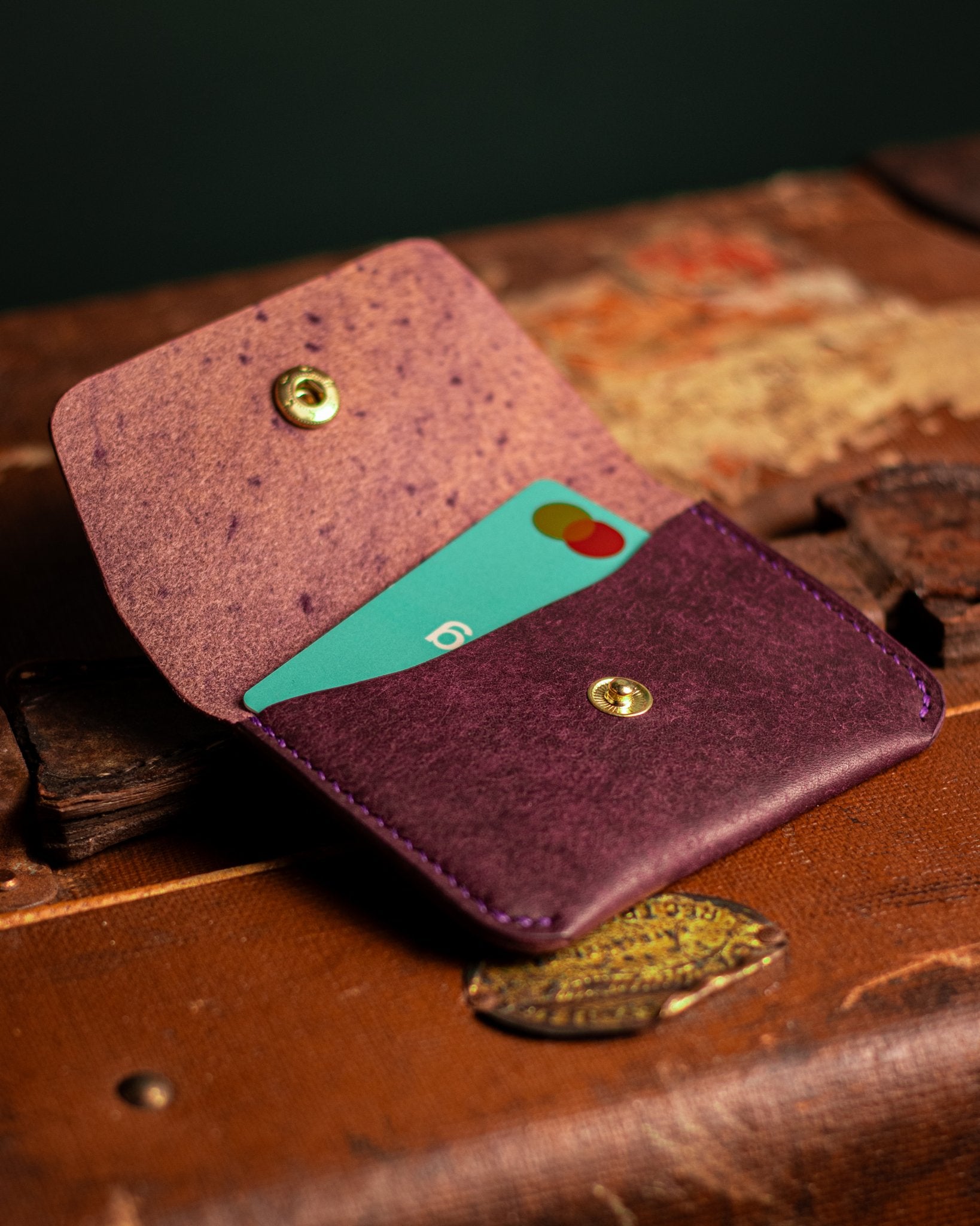 Open Leather Purse With Brass Popper in Italian Purple