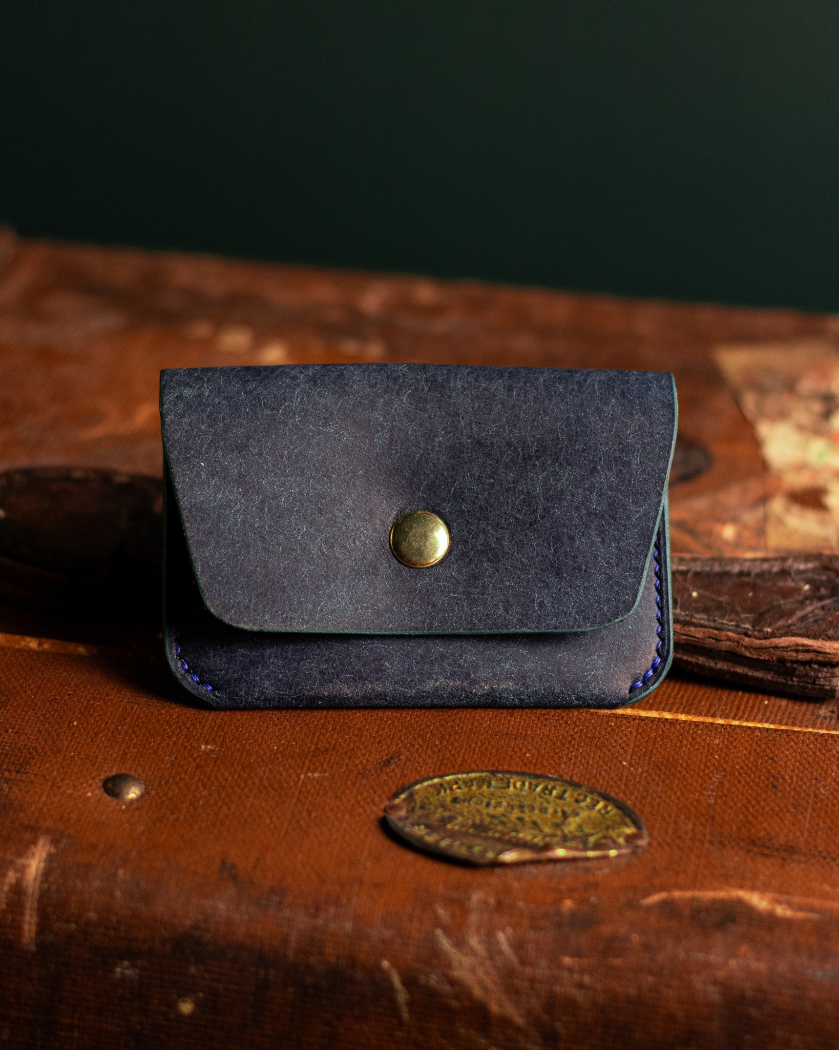 Leather Card Holder in Italian Blue Leather Lifestyle Photo