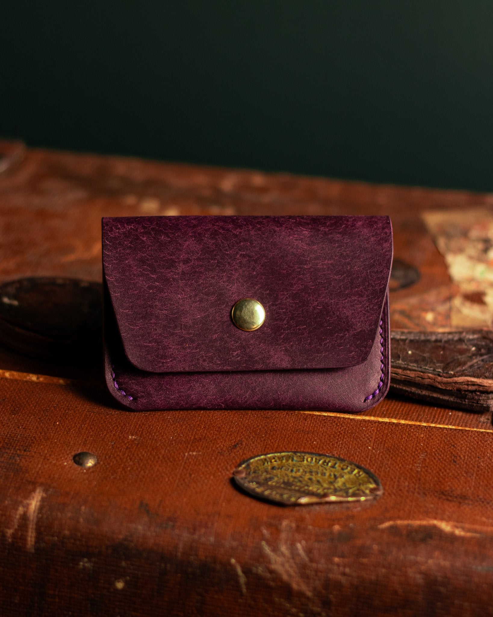Leather Card Holder in Italian Purple Leather Lifestyle Photo