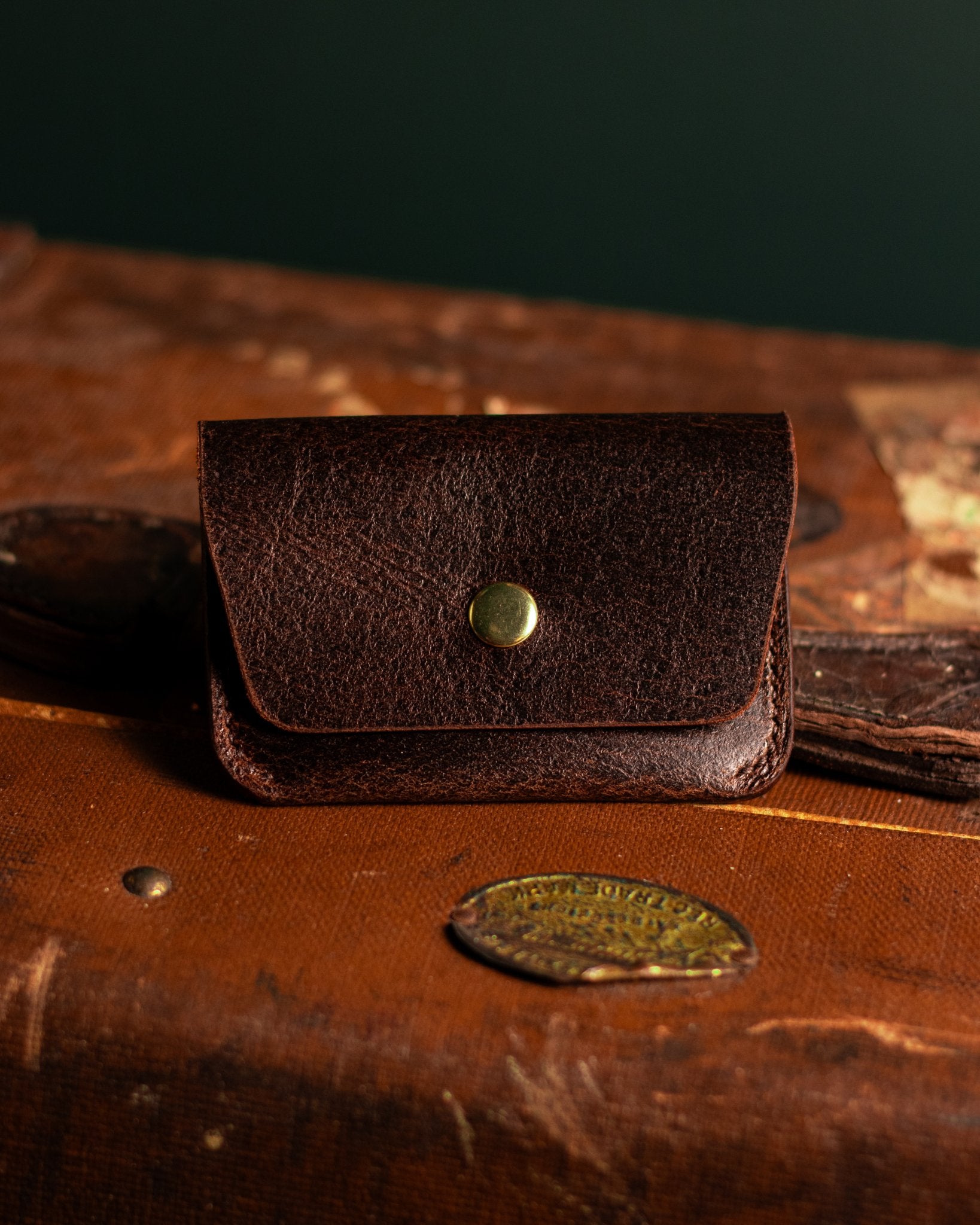 Leather Card Holder in Distressed Brown Leather Lifestyle Photo