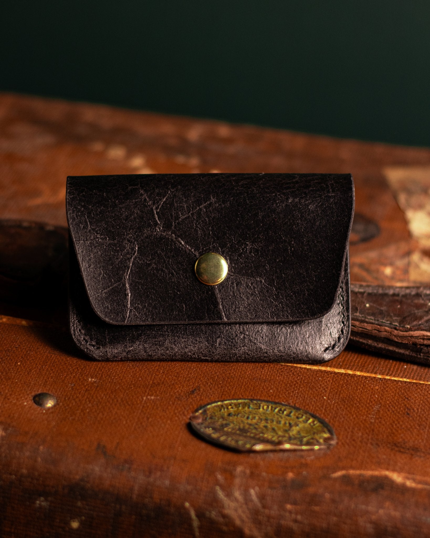Leather Card Holder in Distressed Black Leather Lifestyle Photo