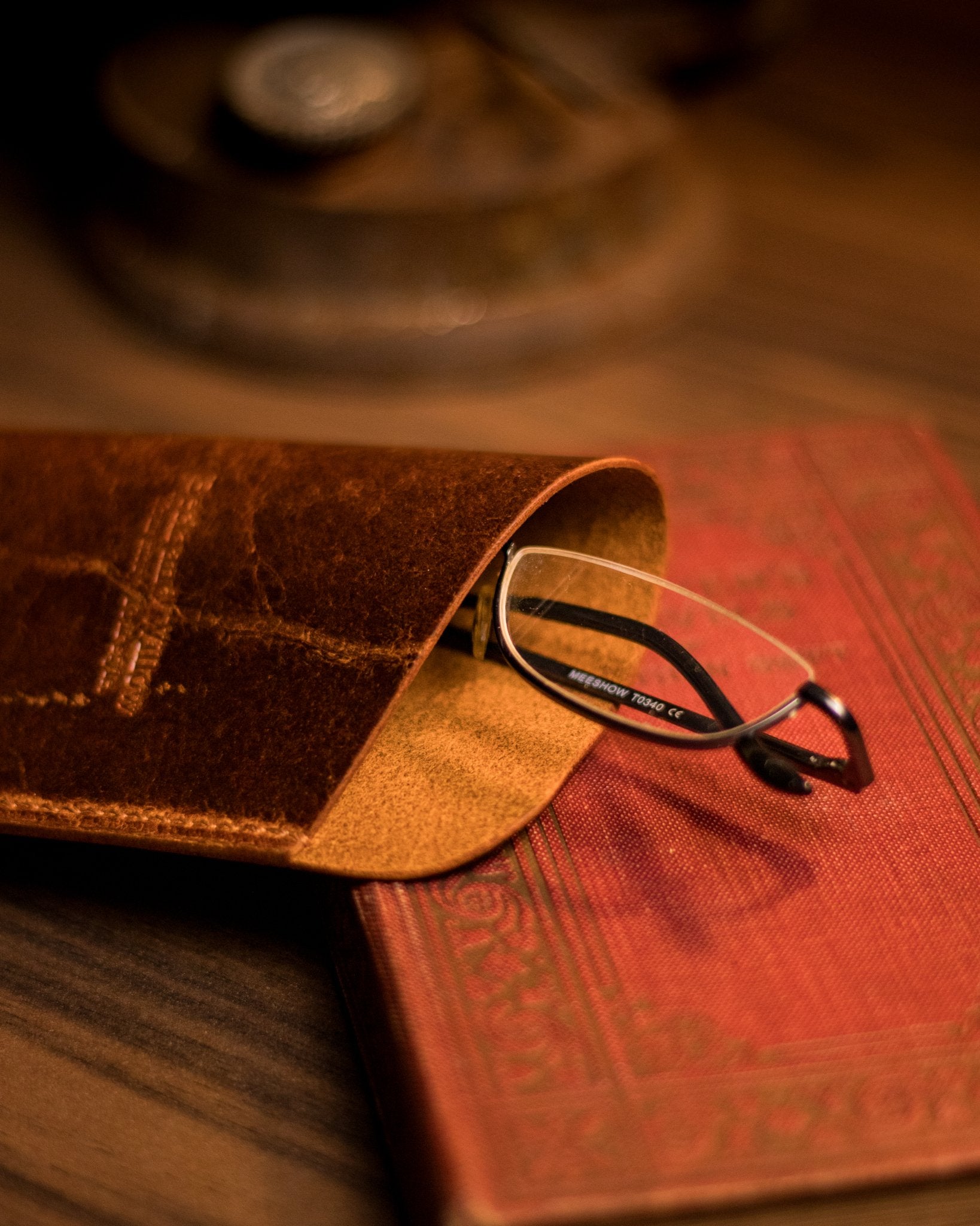 Close shot of glasses peaking out of a leather sleeve