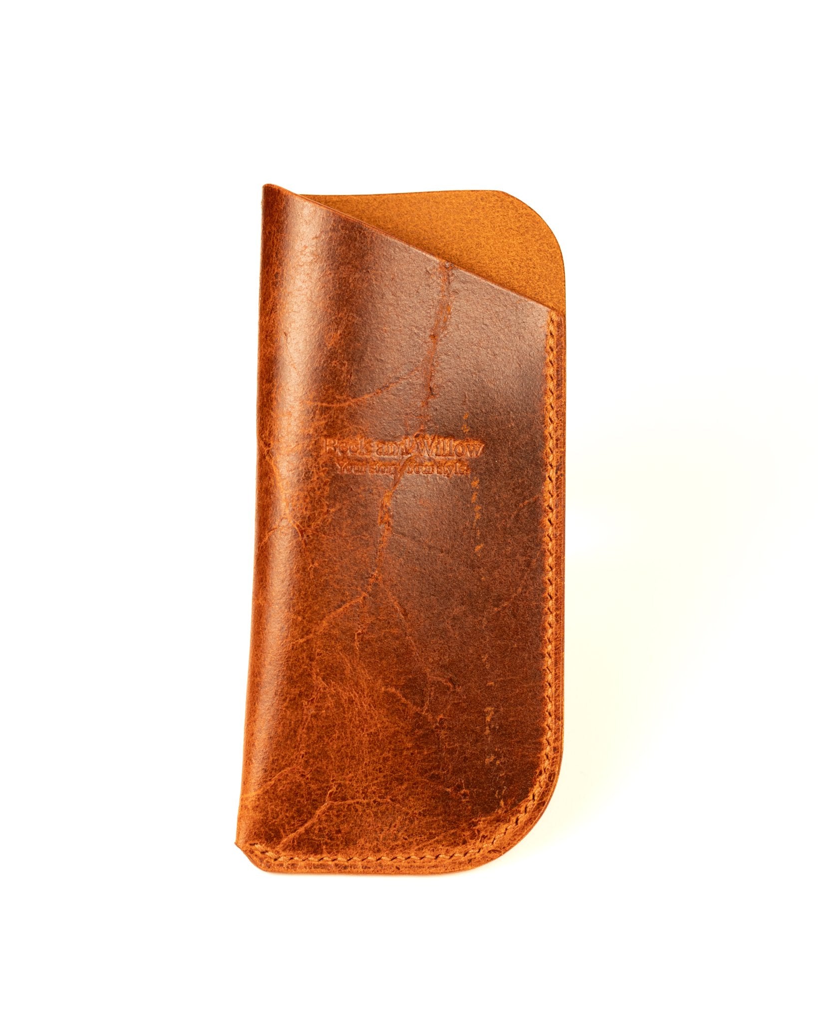 Distressed Tan Leather Glasses Case on White Background