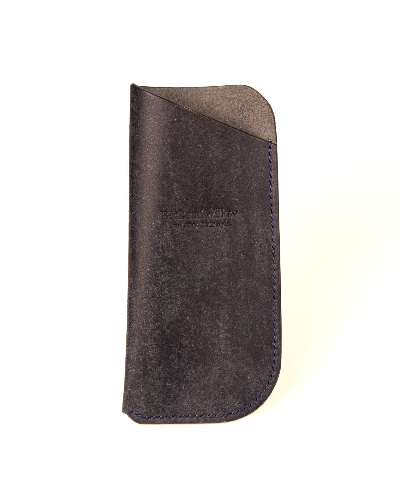 Navy Italian Leather Glasses Case on White Background