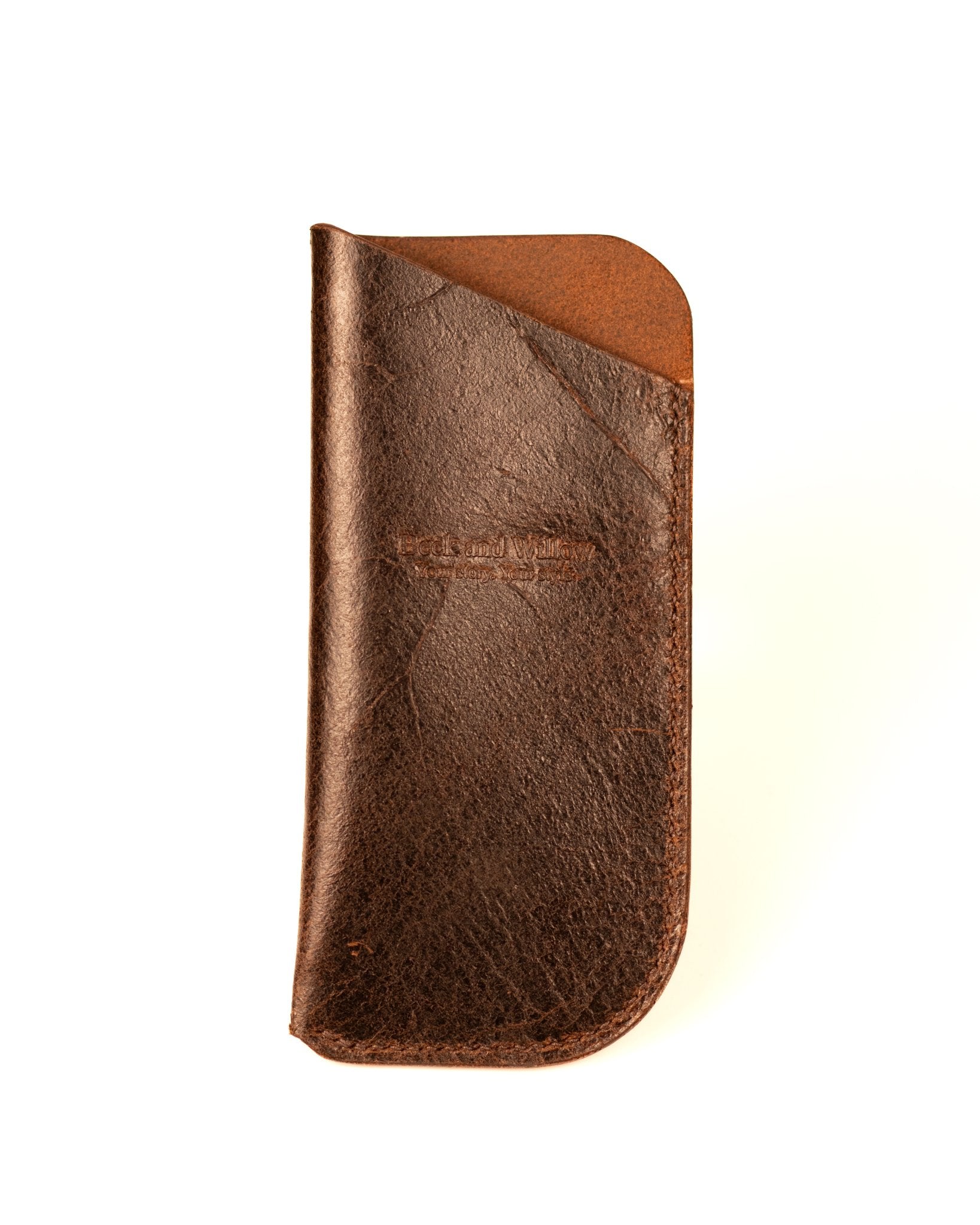 Distressed Brown Leather Glasses Case on White Background