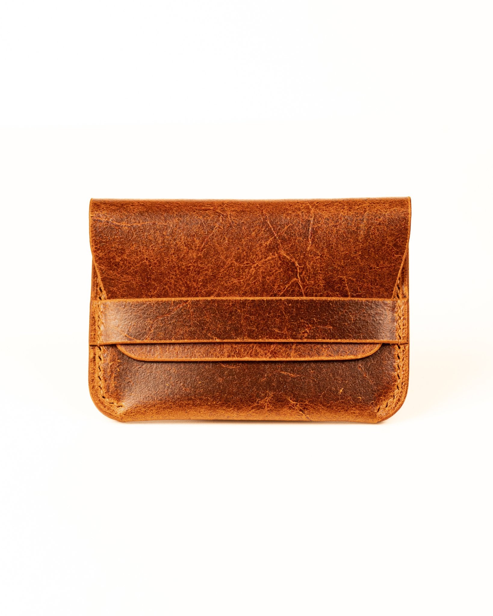 Distressed Tan Leather Card Holder on White Background