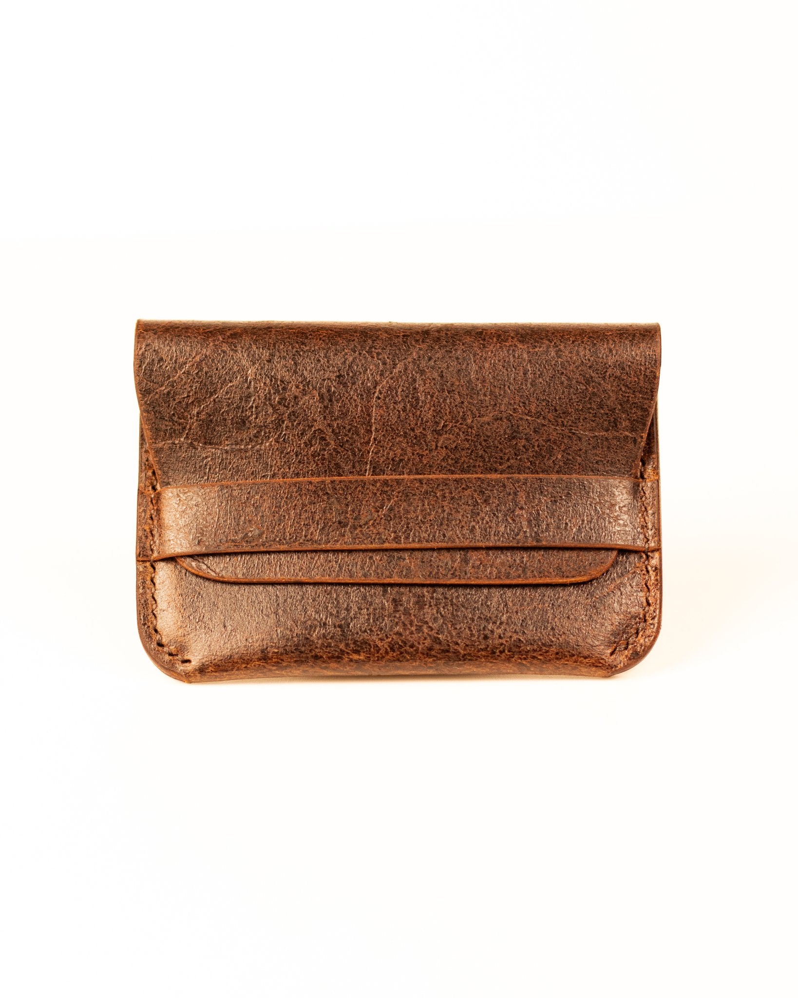 Distressed Brown Leather Card Holder on White Background