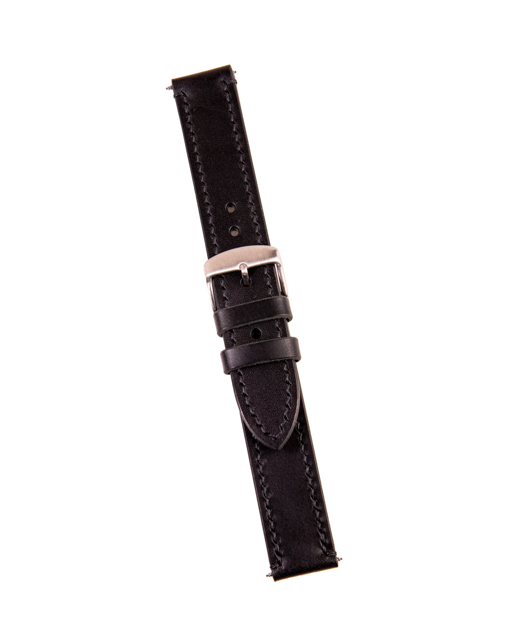 Mens black leather watch strap on a white background