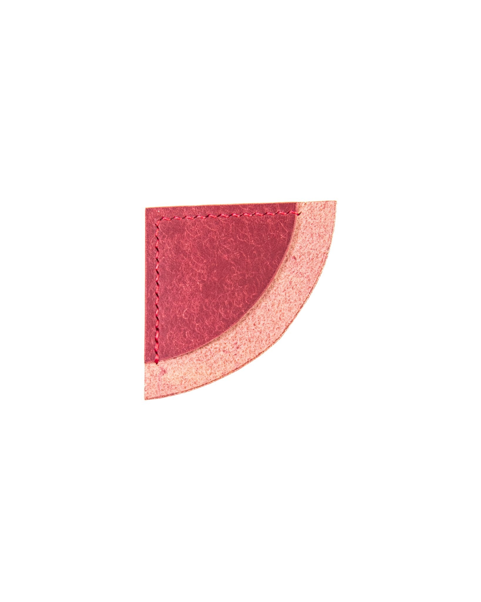Burgundy leather stitched bookmark on a white background