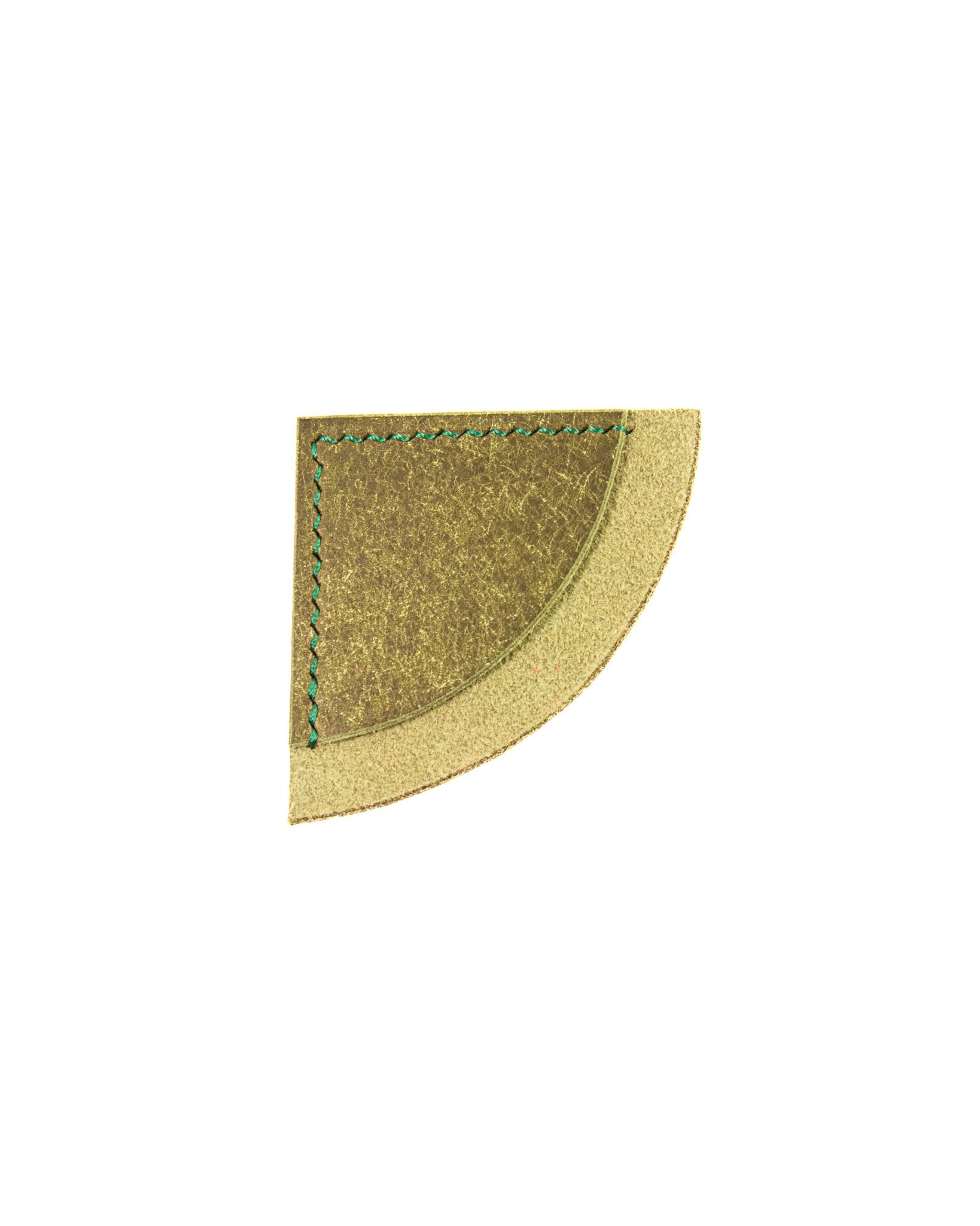 Olive green leather bookmark with green stitching on a white background