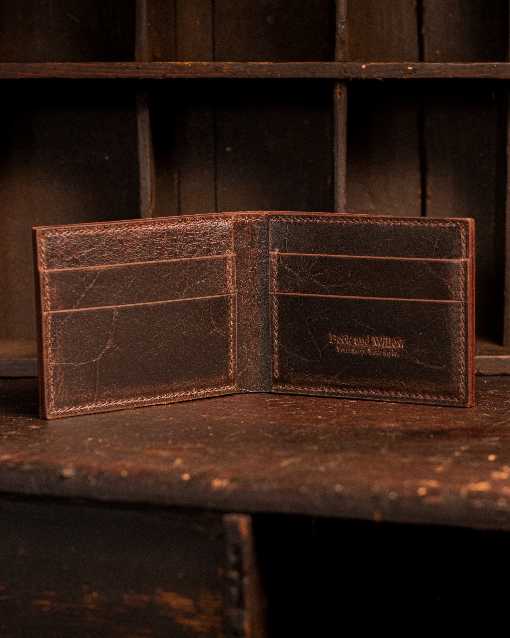 open distressed brown wallet lifestyle photo