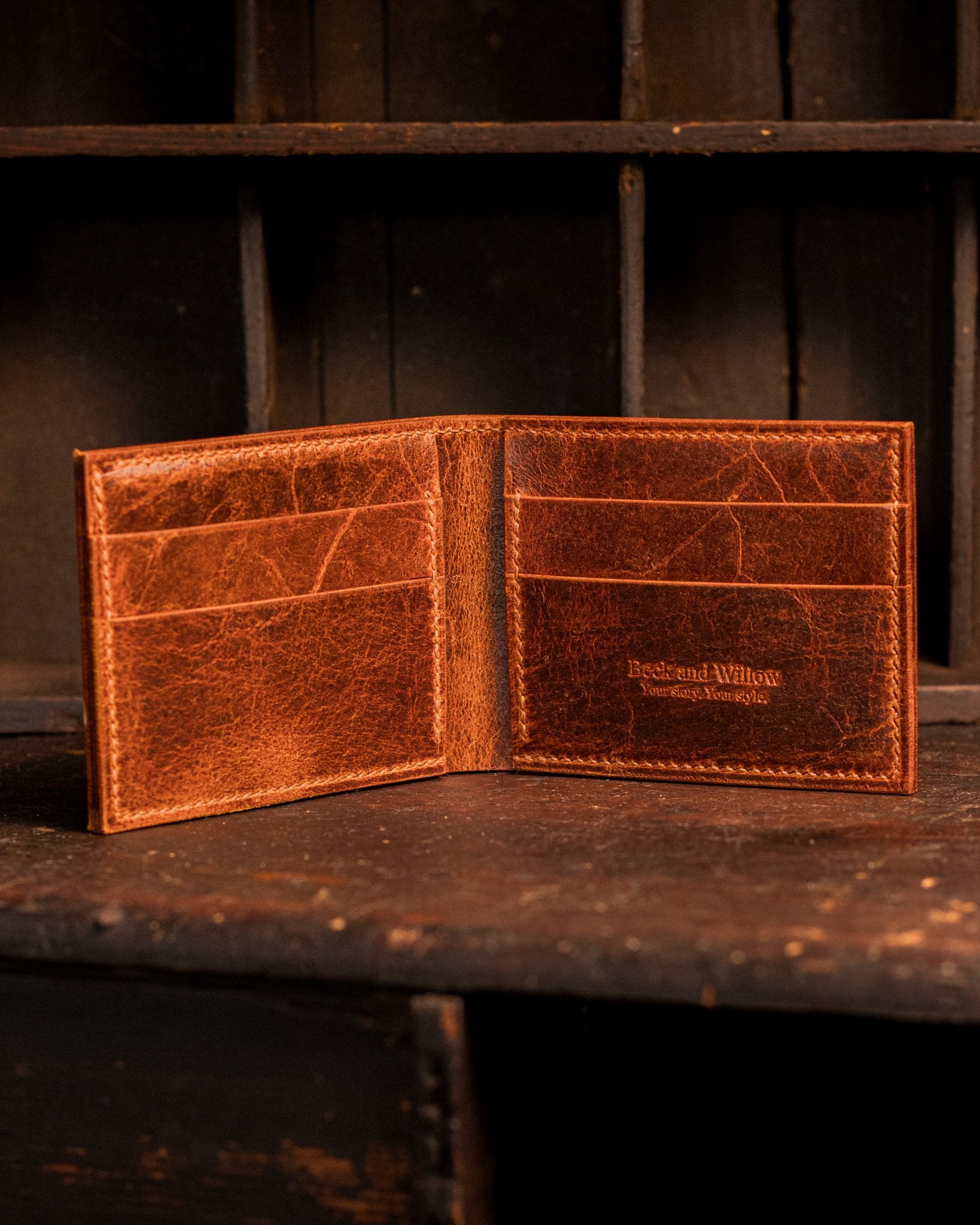 open distressed tan wallet lifestyle photo