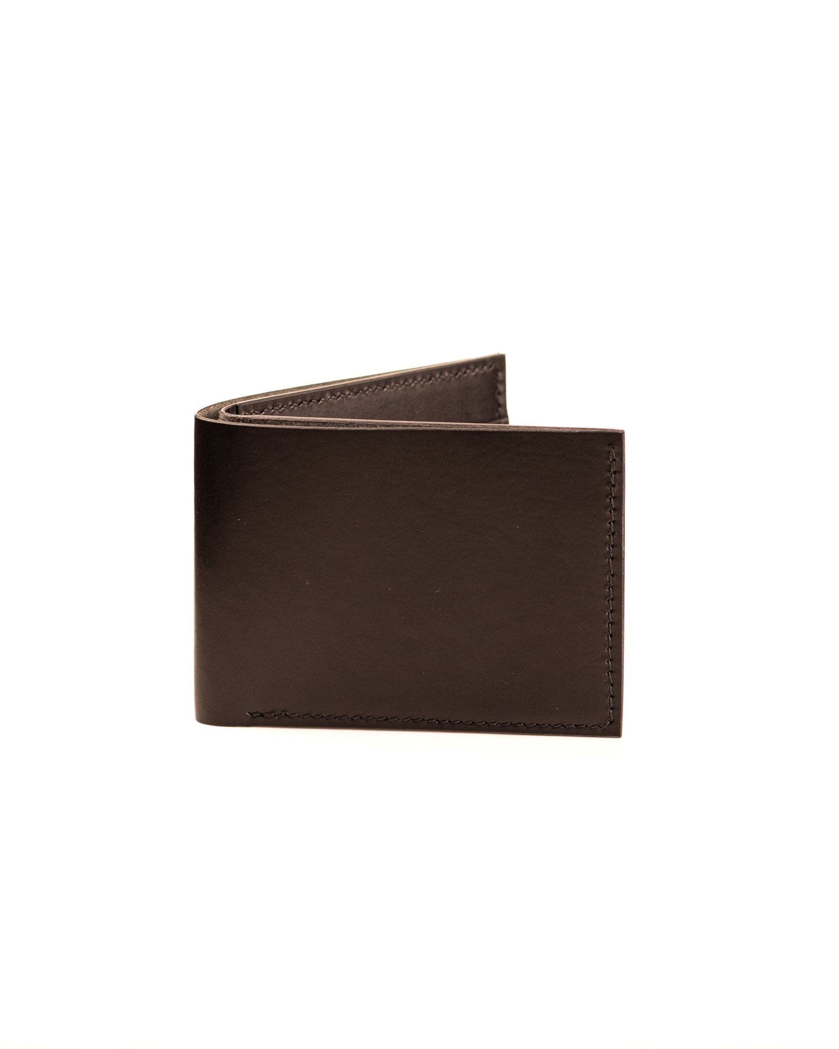 closed black italian leather bifold wallet on white background